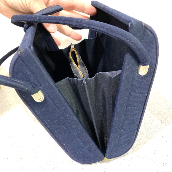 Vintage Mid Century Box Style Hand Bag Top Handle Purse Navy Blue Wool Classic - Picture 7 of 8